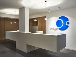 Empfangsbereich mit skulpturalem weißem Tresen, integrierter Stütze und Praxislogo