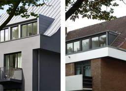 Vorher-Nachher-Vergleich der Fassadensanierung und Dachgestaltung mit Zink-Stehfalzdeckung