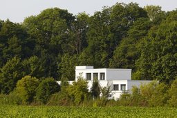 Weißer kubischer Baukörper in landschaftlicher Einbettung am Waldrand