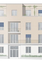 Detaillierter Fassadenausschnitt mit hellrotem Klinkermauerwerk, Hauseingang, Loggien und Markisen