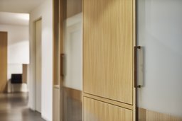 Schreinereidetail einer Holz-Schiebetür mit satiniertem Glaseinsatz und Metallgriff