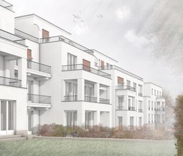 Gartenperspektive der Wohngebäude mit gestaffelten Loggien, Balkonen und Sonnenschutz
