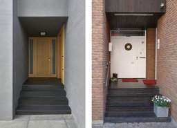 Vorher-Nachher-Vergleich des Eingangsbereichs mit neuer Holzhaustür und grauem Besenstrichputz