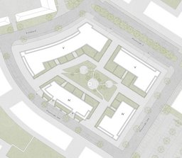 Städtebaulicher Lageplan der vier Baukörper um den gemeinsamen Quartiersinnenhof