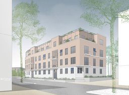 Perspektivische Straßenansicht des Mehrfamilienhauses mit geschwungener Backsteinfassade, verputztem Sockel und gestaffeltem Attikageschoss