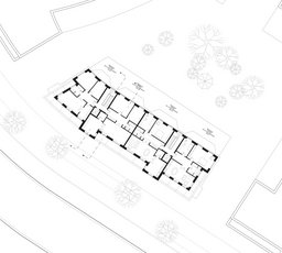 Grundriss des Attikageschosses mit zurückspringenden Wohneinheiten und straßenseitigen Dachterrassen