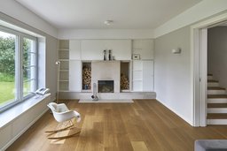Wohnzimmer mit zentralem Kamin, weißer Schrankwand und Eichenparkett