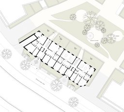 Erdgeschossgrundriss mit Wohnungsgrundrissen, zwei Erschließungskernen und hofseitigen Mietergärten