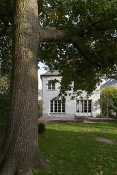 Gartenansicht des Einfamilienhauses mit Terrasse, Sprossenfenstern und altem Baumbestand