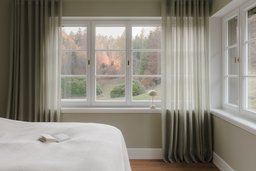 Helles Schlafzimmer mit Eckfenster, Sprossenverglasung und weitem Waldausblick
