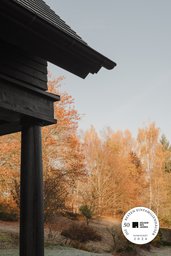 Dachüberstand und dunkle Holzstütze mit Ausblick auf den herbstlichen Waldrand